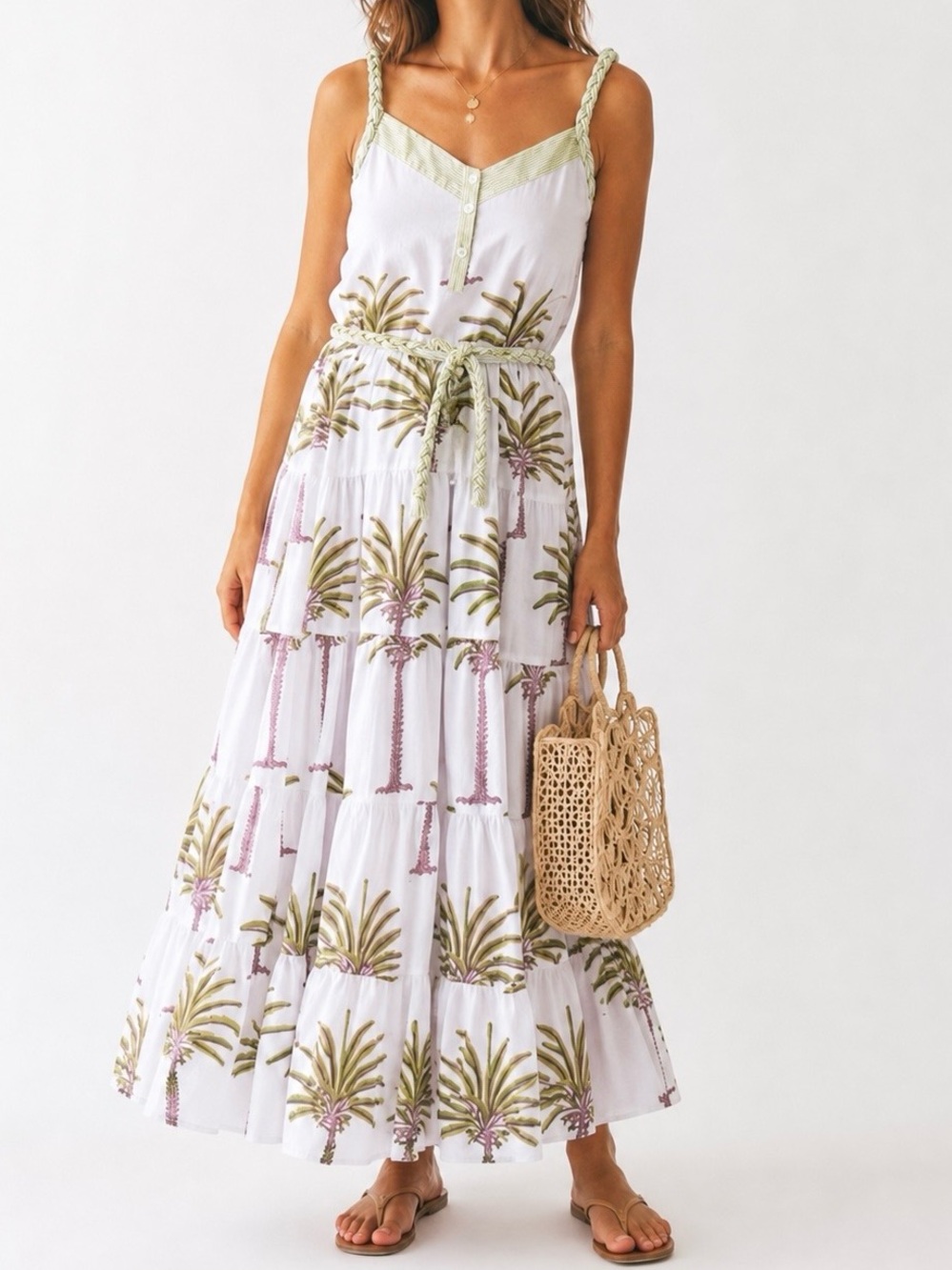 VICTORIA DUNN 100% Cotton Tiered White Green Tropical Palm Tree Maxi Midi Dress